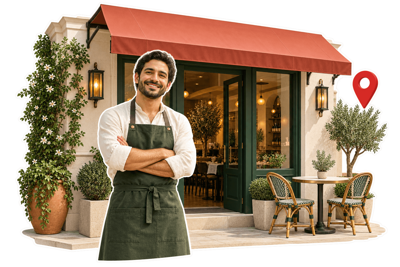 A welcoming restaurant owner outside a restaurant with a red awning